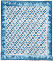 10' x 11' one-of-a-kind handmade antique Cot Dhurrie large size rug. Color palette: ivory, teal, indigo, sky blue, slate
