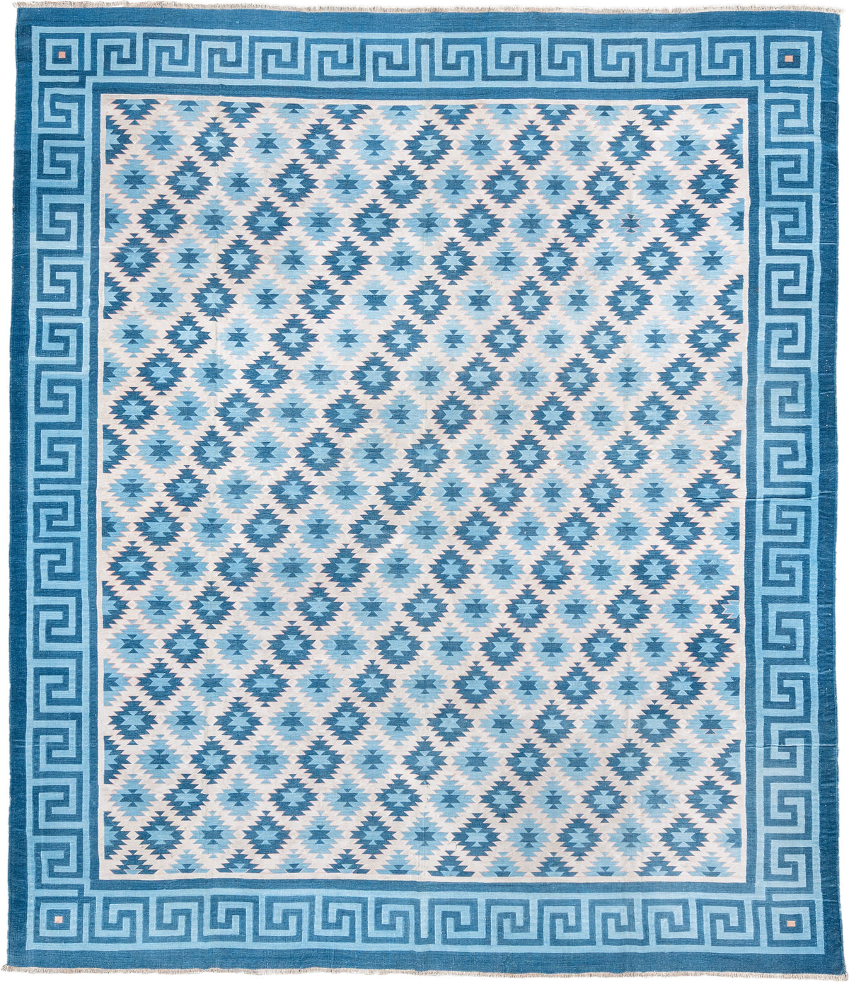 10' x 11' one-of-a-kind handmade antique Cot Dhurrie large size rug. Color palette: ivory, teal, indigo, sky blue, slate