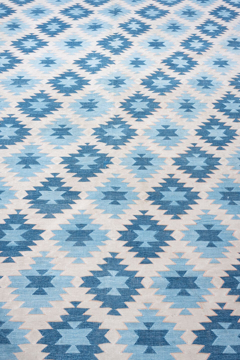 10' x 11' one-of-a-kind handmade antique Cot Dhurrie large size rug. Color palette: ivory, teal, indigo, sky blue, slate