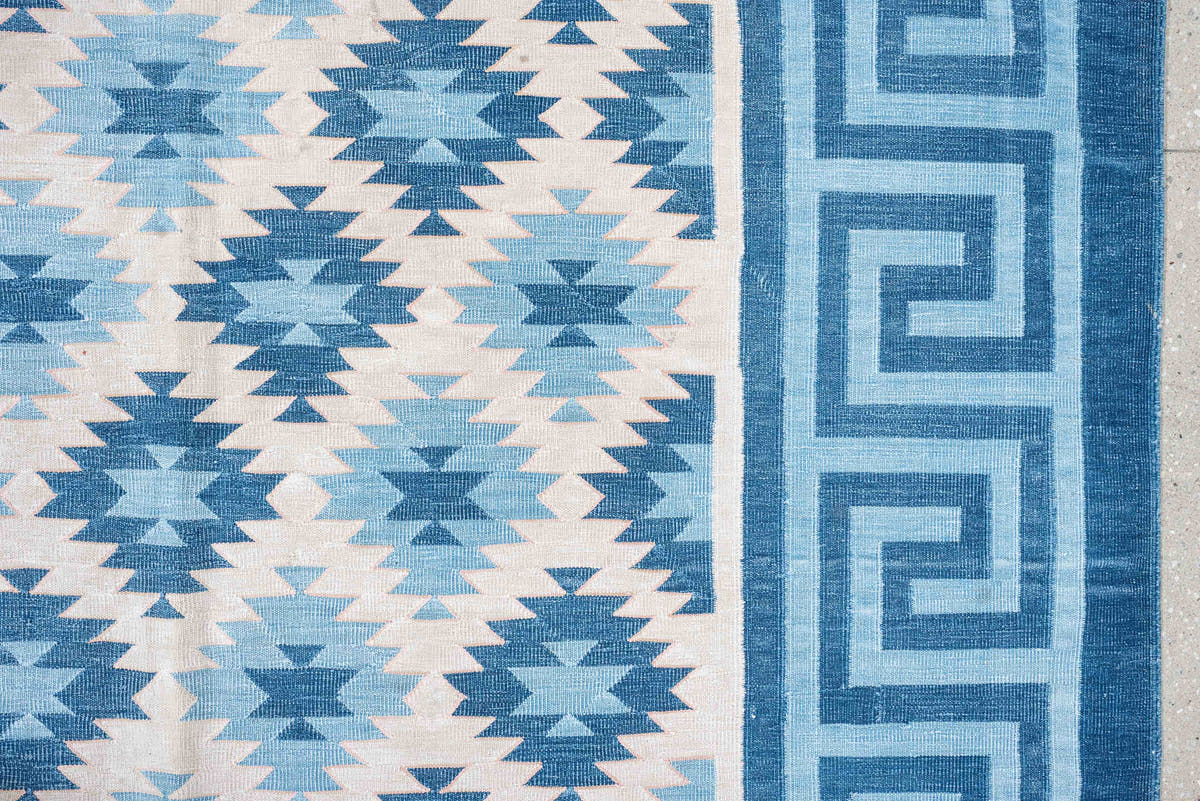 10' x 11' one-of-a-kind handmade antique Cot Dhurrie large size rug. Color palette: ivory, teal, indigo, sky blue, slate