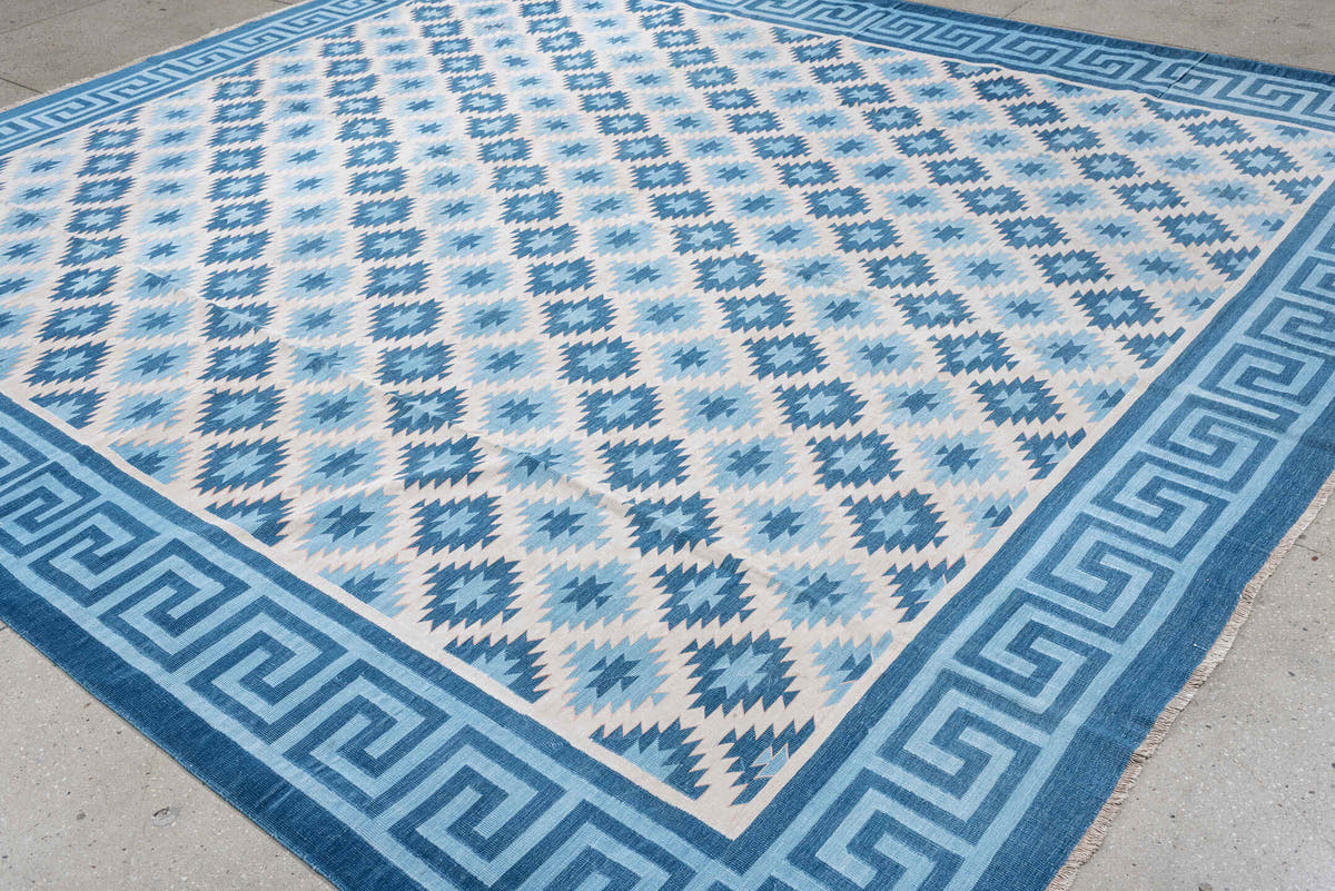 10' x 11' one-of-a-kind handmade antique Cot Dhurrie large size rug. Color palette: ivory, teal, indigo, sky blue, slate