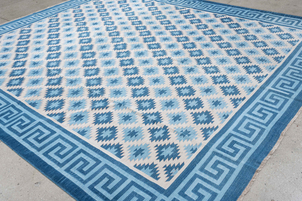 10' x 11' one-of-a-kind handmade antique Cot Dhurrie large size rug. Color palette: ivory, teal, indigo, sky blue, slate