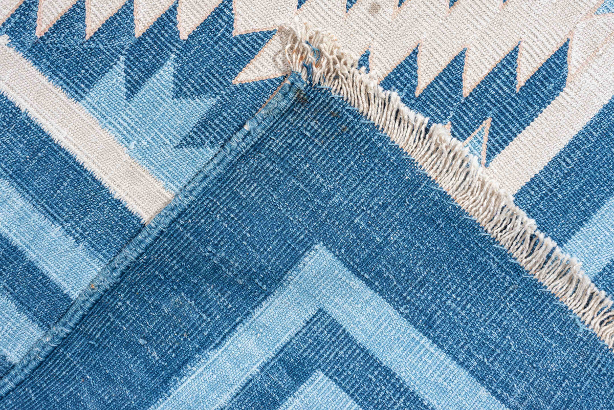10' x 11' one-of-a-kind handmade antique Cot Dhurrie large size rug. Color palette: ivory, teal, indigo, sky blue, slate