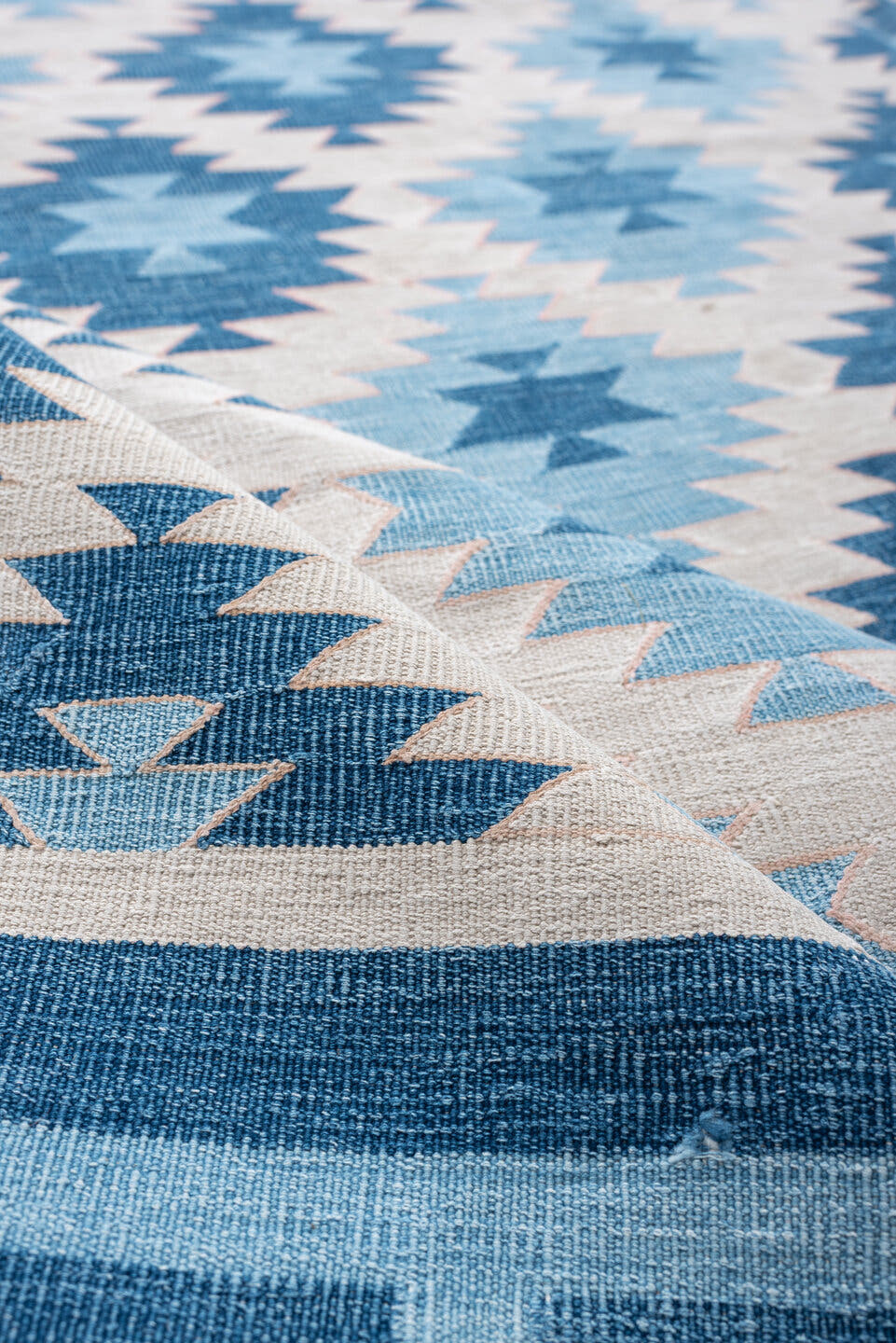 10' x 11' one-of-a-kind handmade antique Cot Dhurrie large size rug. Color palette: ivory, teal, indigo, sky blue, slate