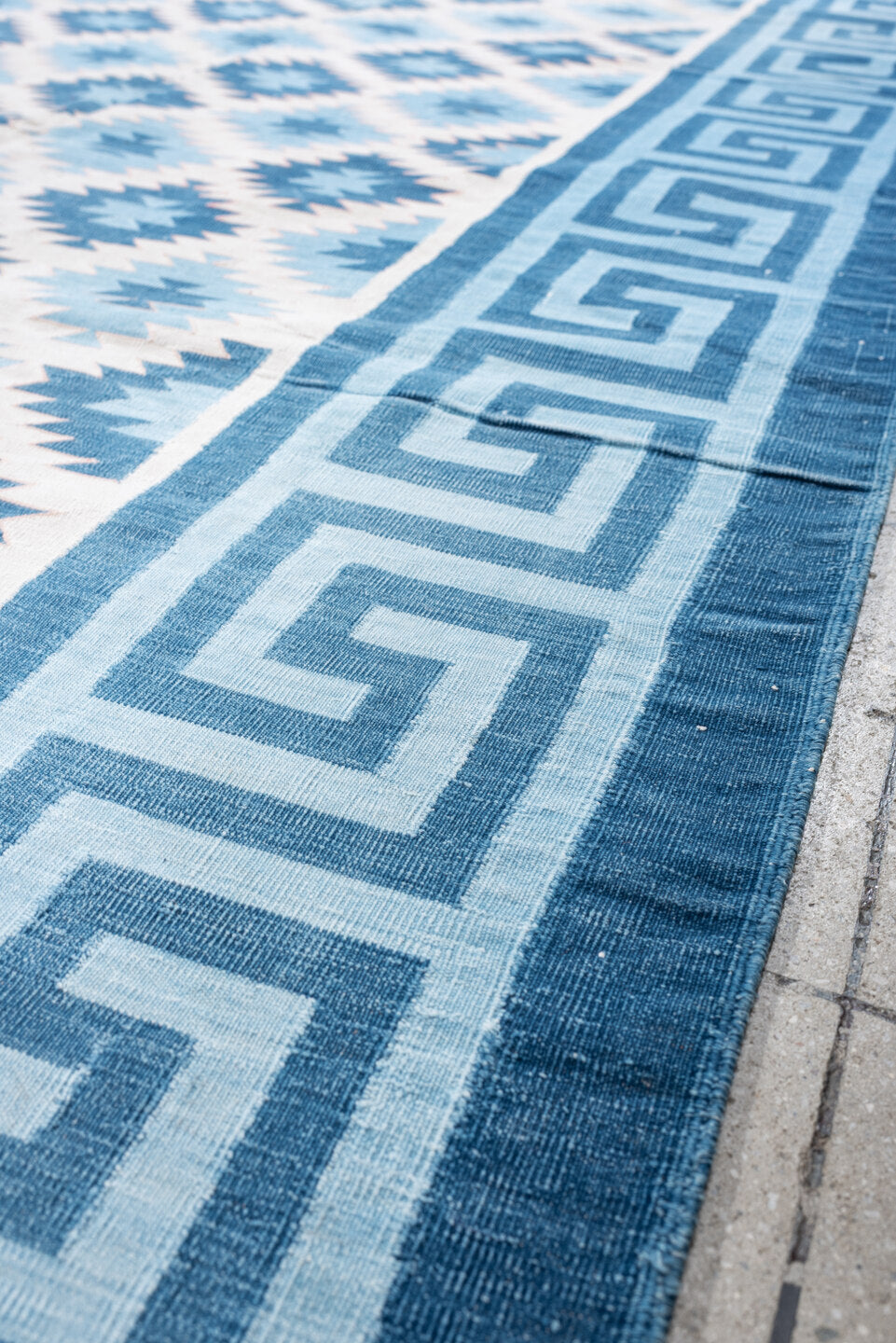 10' x 11' one-of-a-kind handmade antique Cot Dhurrie large size rug. Color palette: ivory, teal, indigo, sky blue, slate