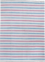 10' x 13' one-of-a-kind handmade antique Cot Dhurrie large size rug. Color palette: ivory, powder blue, dusty rose