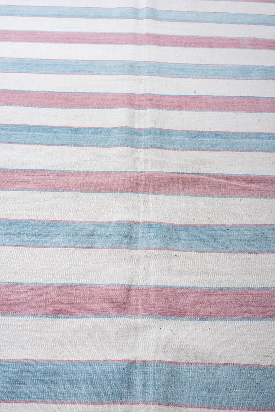 10' x 13' one-of-a-kind handmade antique Cot Dhurrie large size rug. Color palette: ivory, powder blue, dusty rose