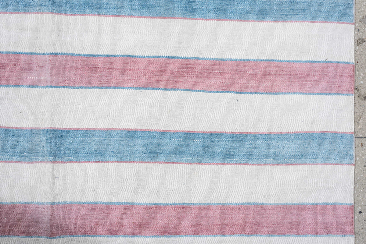 10' x 13' one-of-a-kind handmade antique Cot Dhurrie large size rug. Color palette: ivory, powder blue, dusty rose