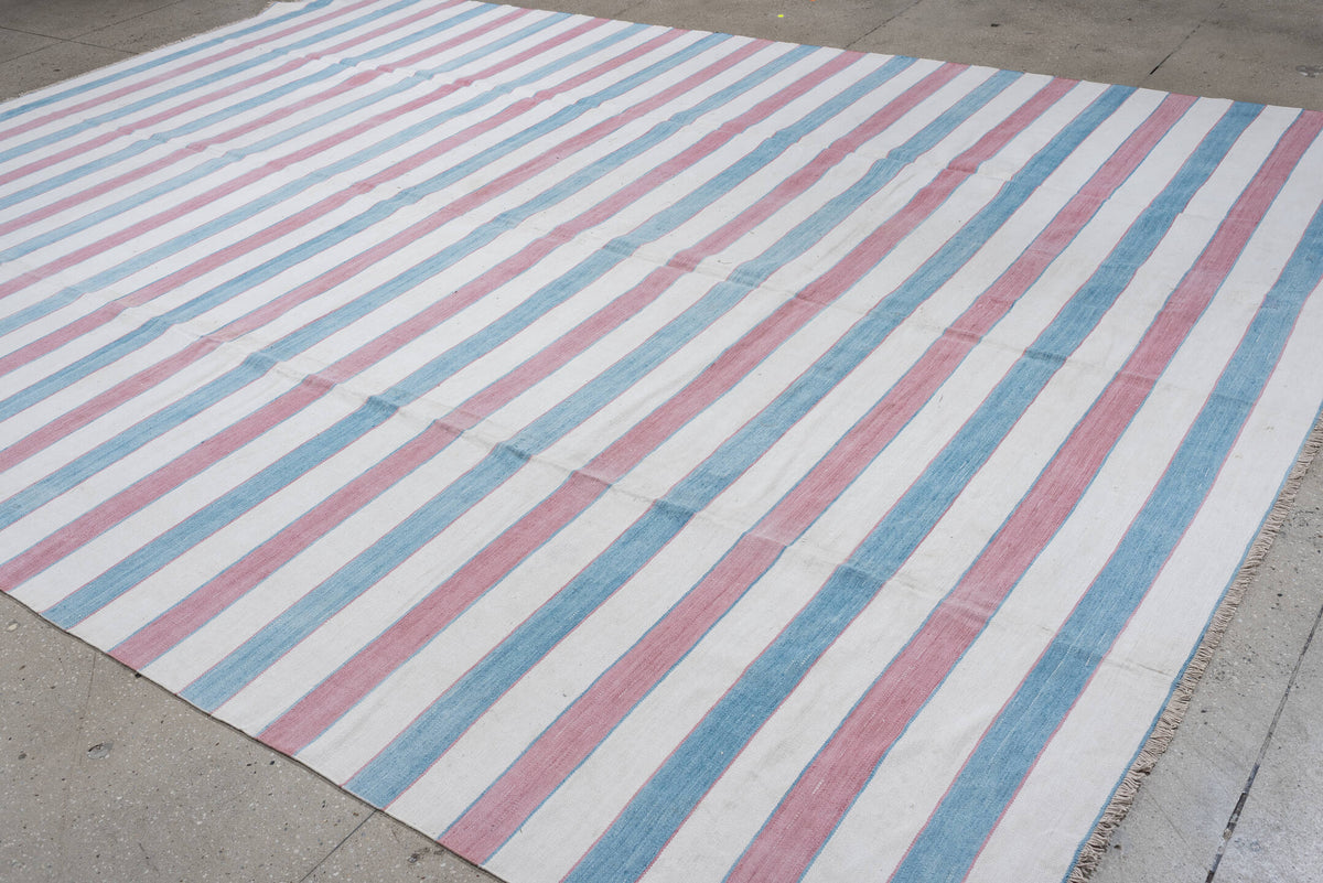 10' x 13' one-of-a-kind handmade antique Cot Dhurrie large size rug. Color palette: ivory, powder blue, dusty rose