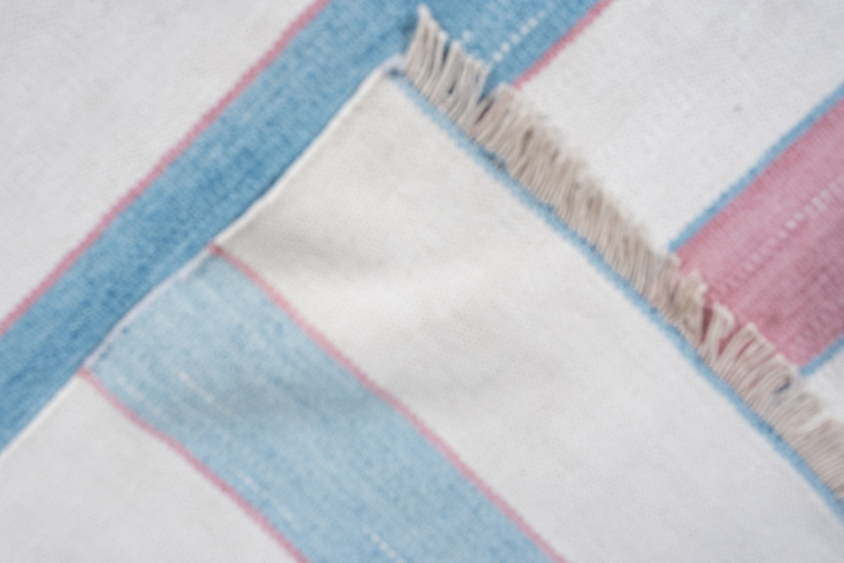 10' x 13' one-of-a-kind handmade antique Cot Dhurrie large size rug. Color palette: ivory, powder blue, dusty rose