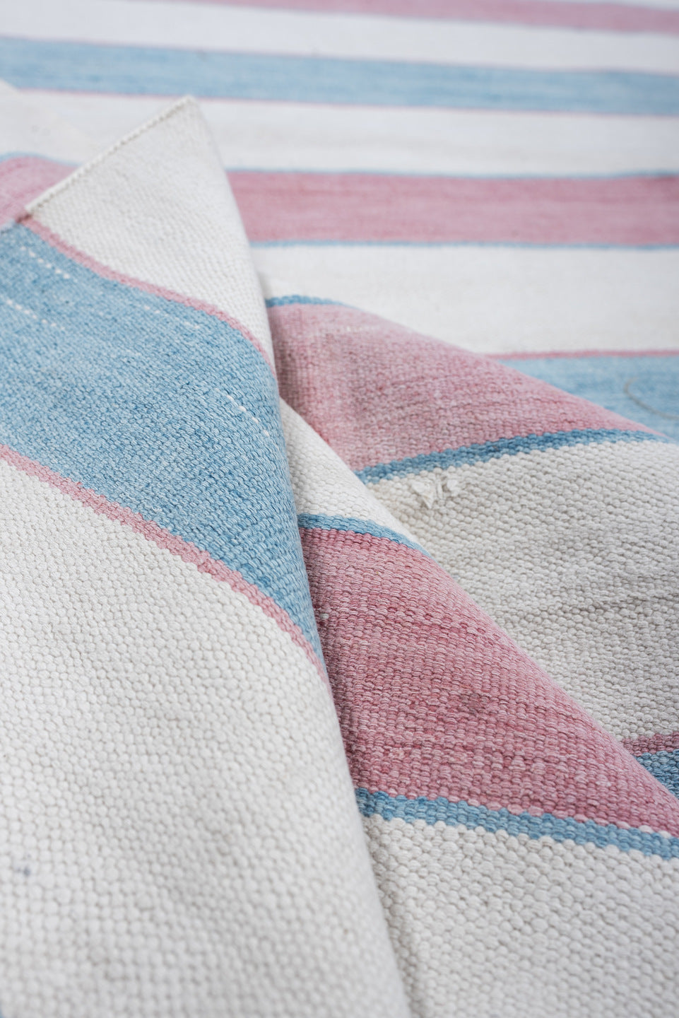 10' x 13' one-of-a-kind handmade antique Cot Dhurrie large size rug. Color palette: ivory, powder blue, dusty rose