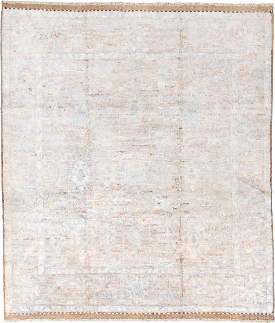 8' x 9' one-of-a-kind handmade vintage Oushak large size rug. Color palette: ivory, beige, pale blue, cream, blush, taupe