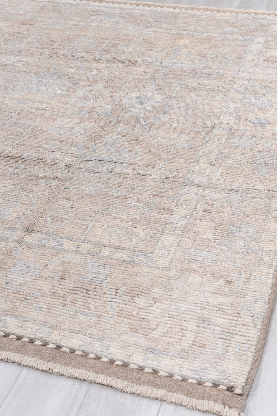 8' x 9' one-of-a-kind handmade vintage Oushak large size rug. Color palette: ivory, beige, pale blue, cream, blush, taupe
