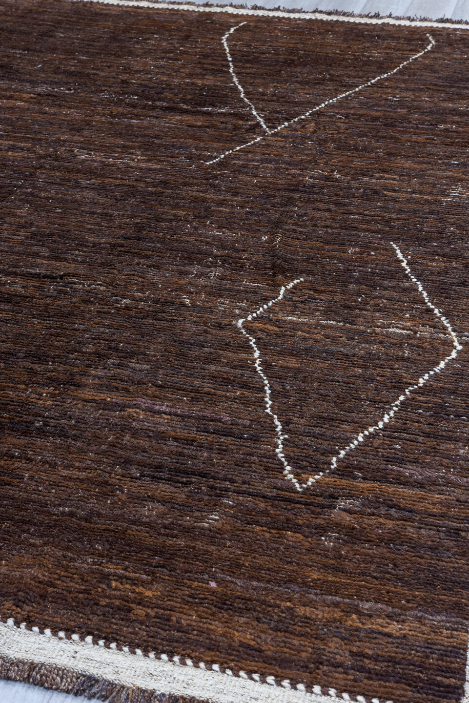 9' x 11' one-of-a-kind handmade vintage Tulu large size rug. Color palette: gray, brown, off-white, light gray, pink, black