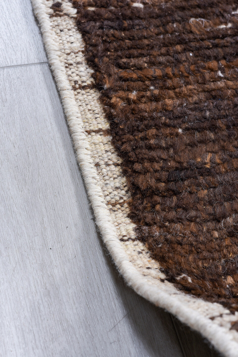 9' x 11' one-of-a-kind handmade vintage Tulu large size rug. Color palette: gray, brown, off-white, light gray, pink, black