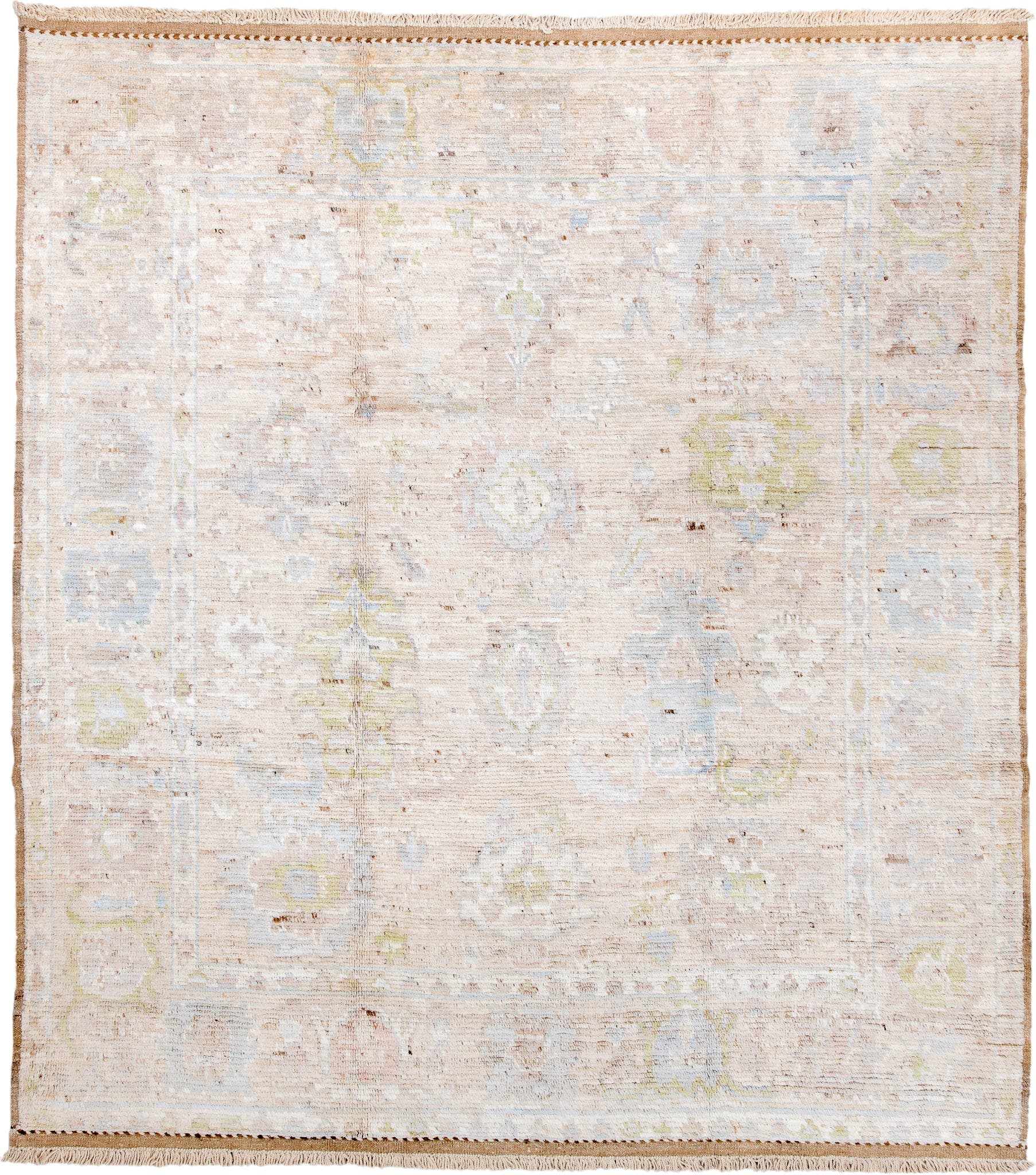 8' x 9' one-of-a-kind handmade vintage Oushak large size rug. Color palette: ivory, cream, blush, pale blue, sage, gold