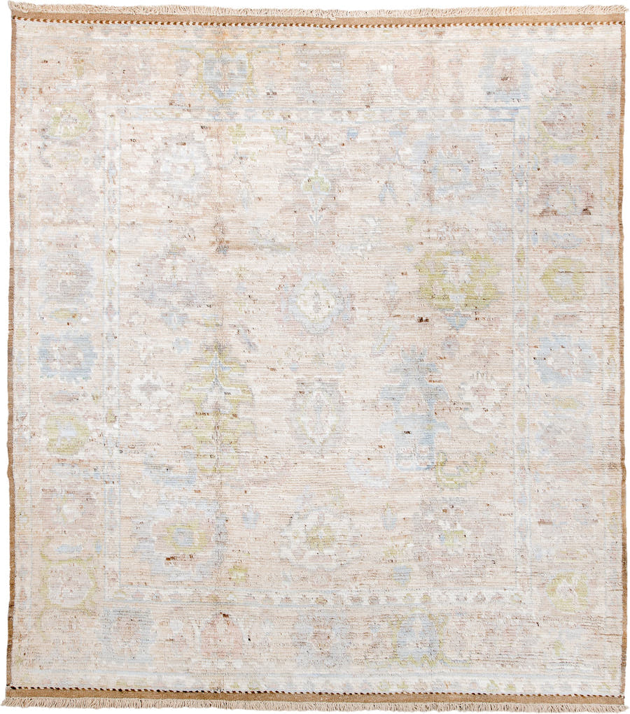 8' x 9' one-of-a-kind handmade vintage Oushak large size rug. Color palette: ivory, cream, blush, pale blue, sage, gold