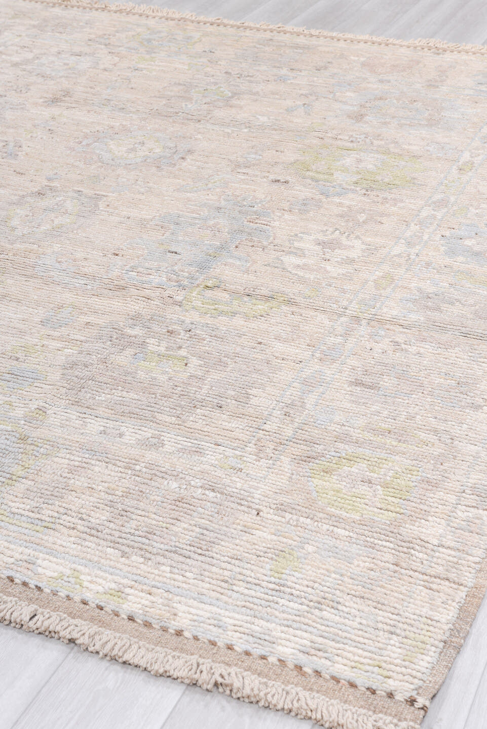 8' x 9' one-of-a-kind handmade vintage Oushak large size rug. Color palette: ivory, cream, blush, pale blue, sage, gold