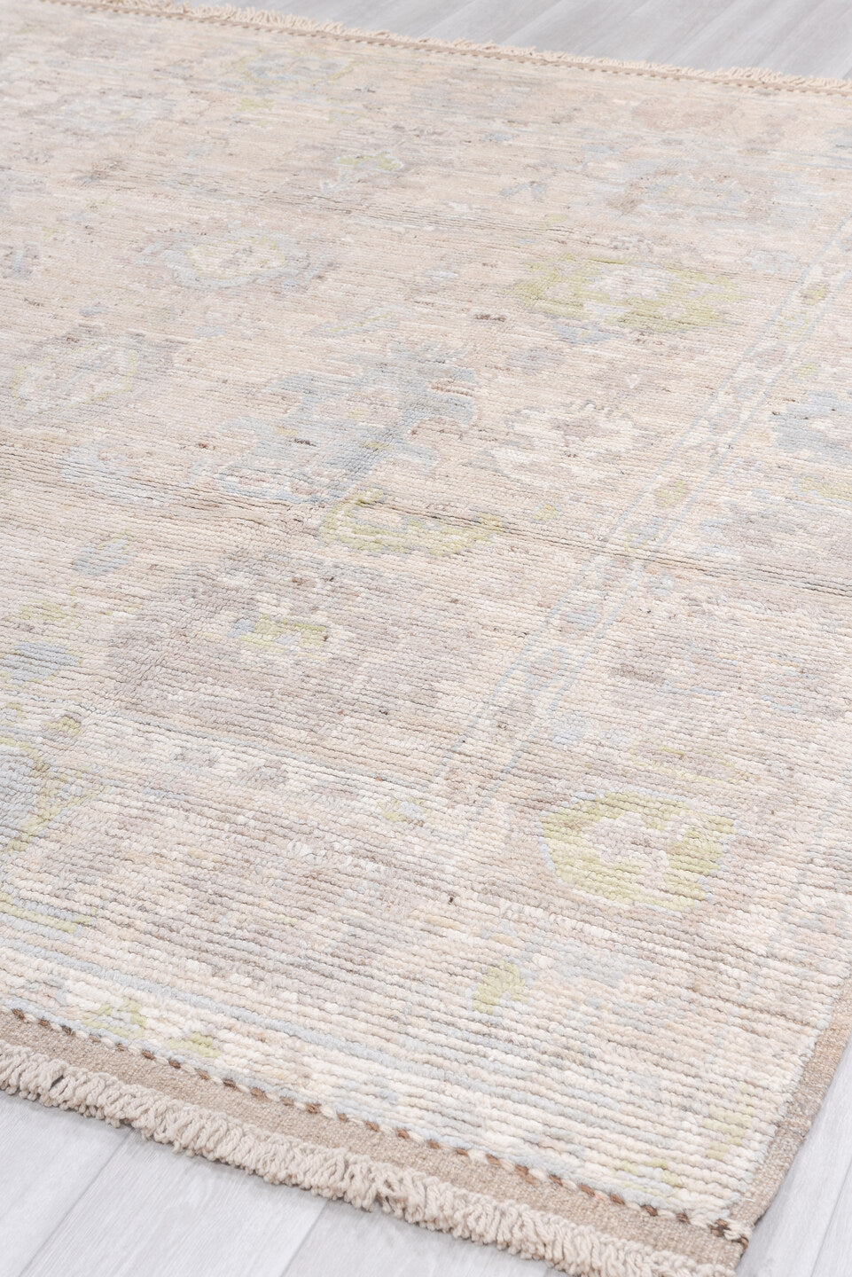 8' x 9' one-of-a-kind handmade vintage Oushak large size rug. Color palette: ivory, cream, blush, pale blue, sage, gold