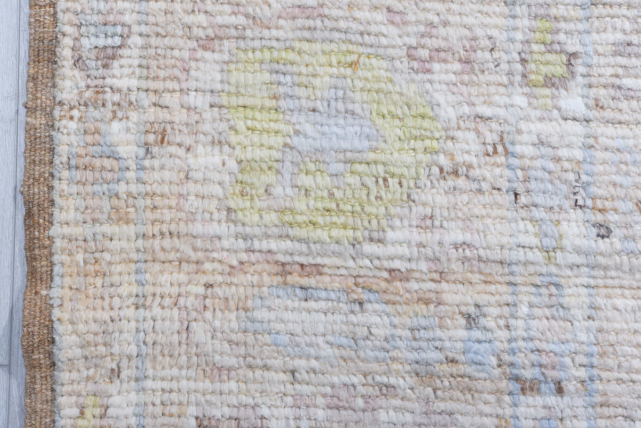 8' x 9' one-of-a-kind handmade vintage Oushak large size rug. Color palette: ivory, cream, blush, pale blue, sage, gold