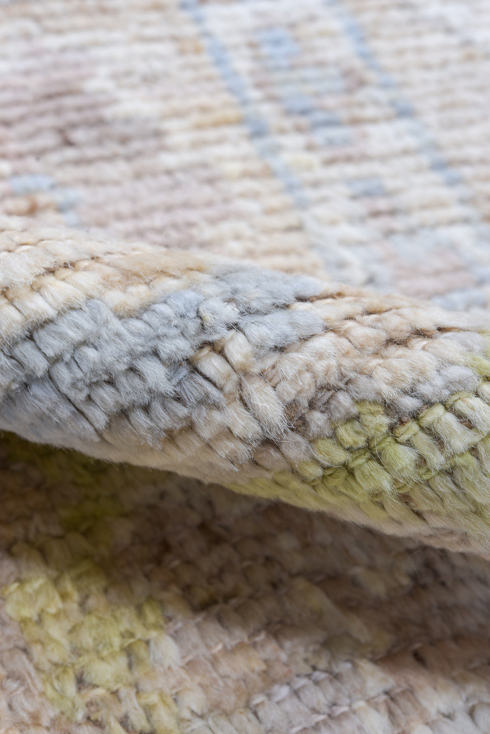 8' x 9' one-of-a-kind handmade vintage Oushak large size rug. Color palette: ivory, cream, blush, pale blue, sage, gold