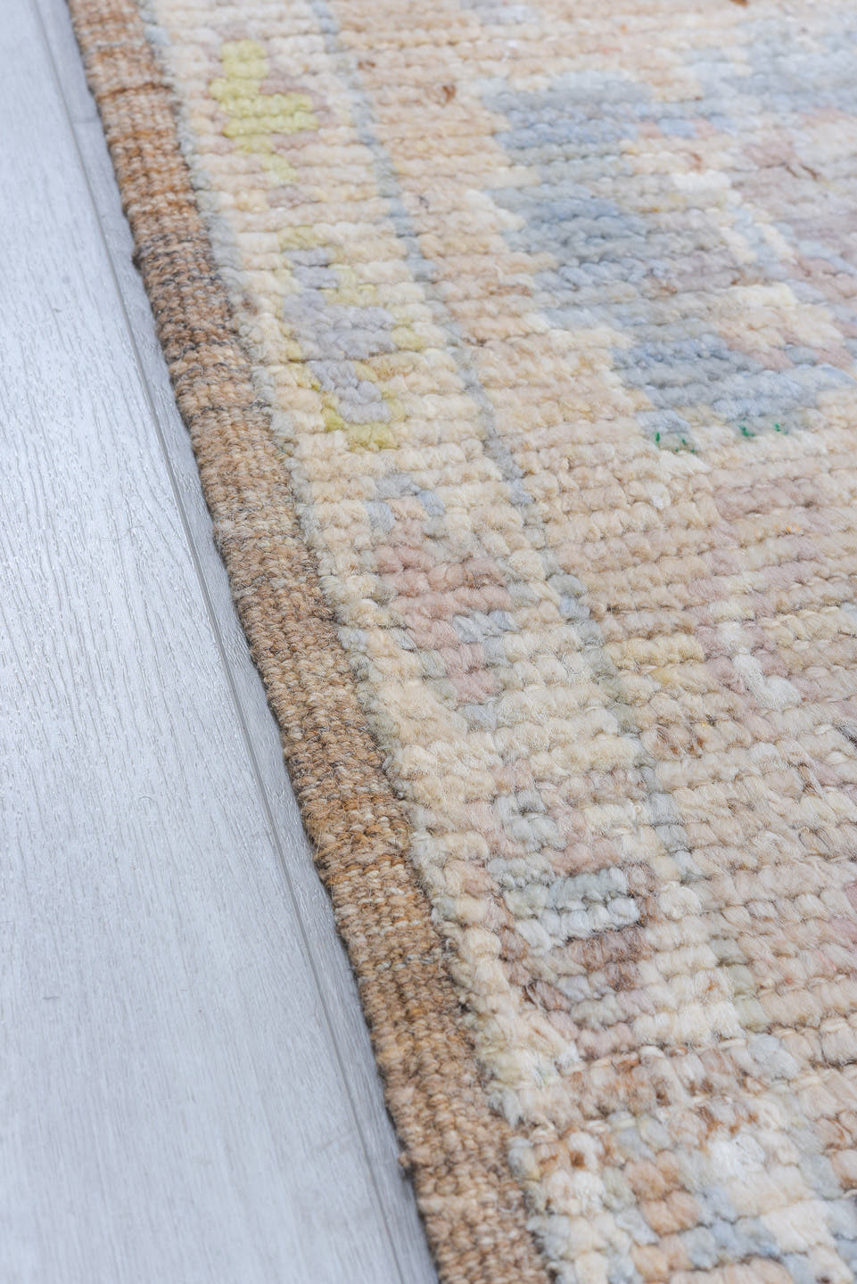 8' x 9' one-of-a-kind handmade vintage Oushak large size rug. Color palette: ivory, cream, blush, pale blue, sage, gold