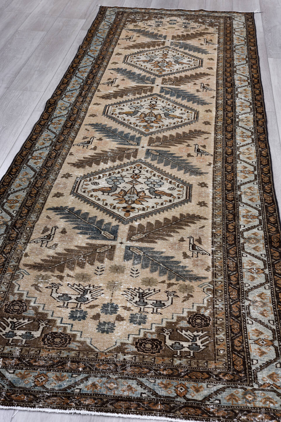 3' x 11' one-of-a-kind handmade vintage NW Persian runner rug. Color palette: black, blue, brown, charcoal, gray, light gray
