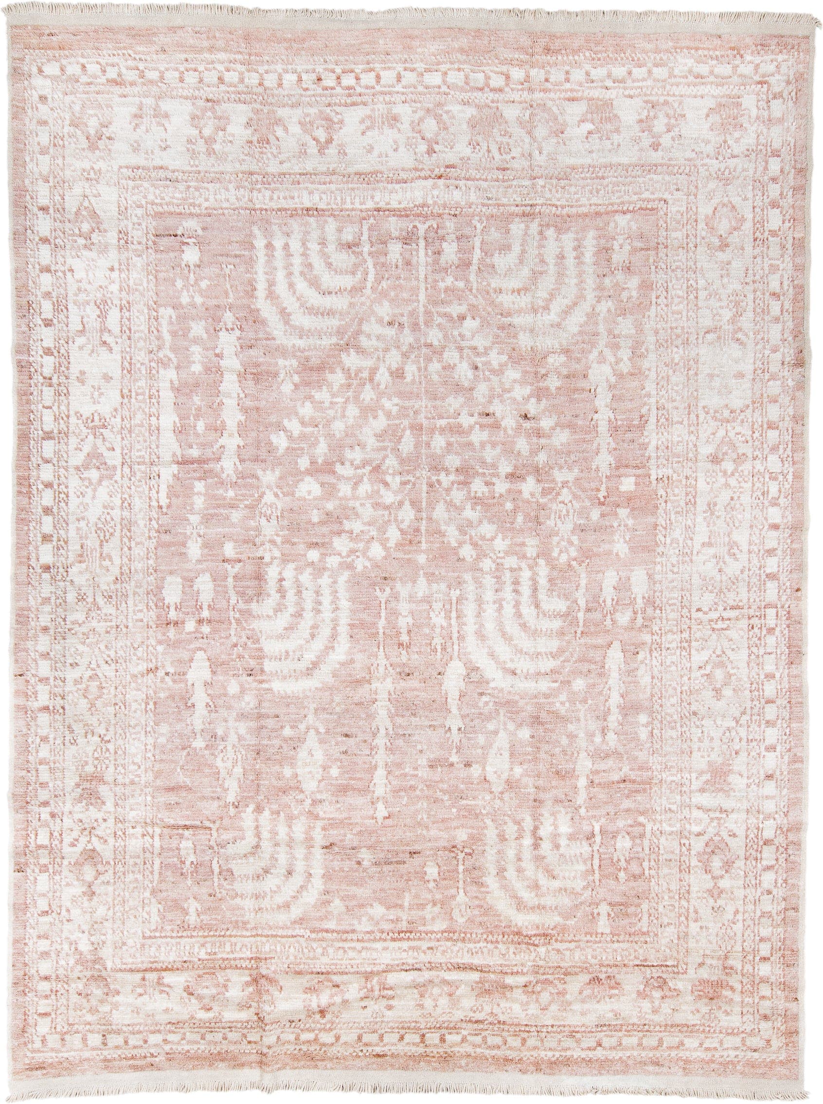 9' x 12' one-of-a-kind handmade vintage Tulu large size rug. Color palette: blush, ivory, cream, rose, peach, pink, red