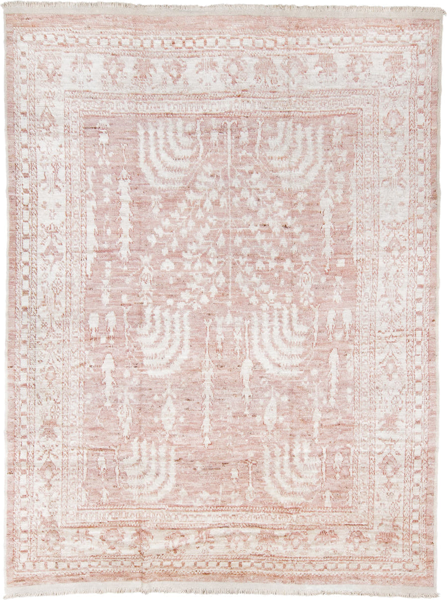9' x 12' one-of-a-kind handmade vintage Tulu large size rug. Color palette: blush, ivory, cream, rose, peach, pink, red
