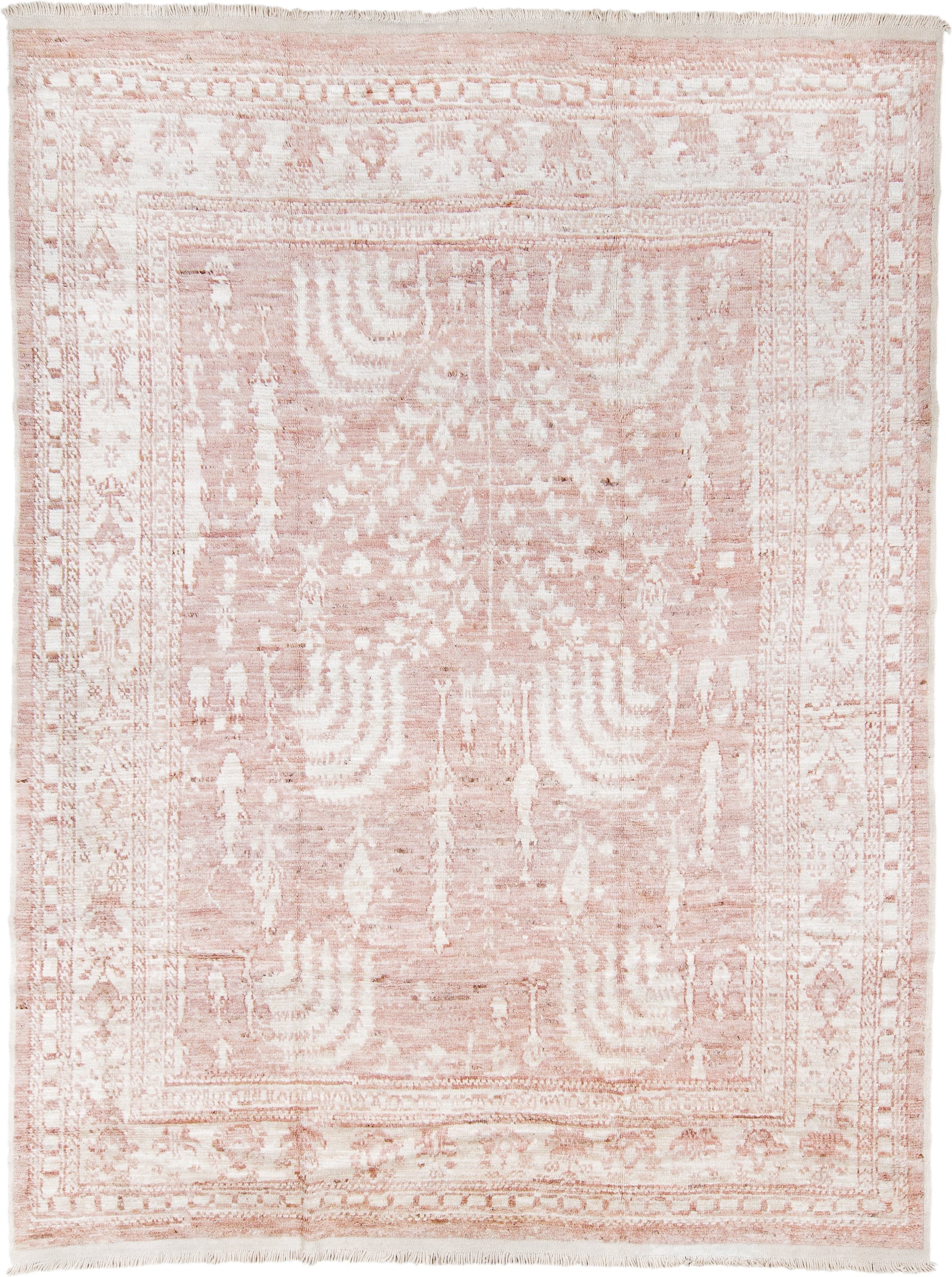 9' x 12' one-of-a-kind handmade vintage Tulu large size rug. Color palette: blush, ivory, cream, rose, peach, pink, red