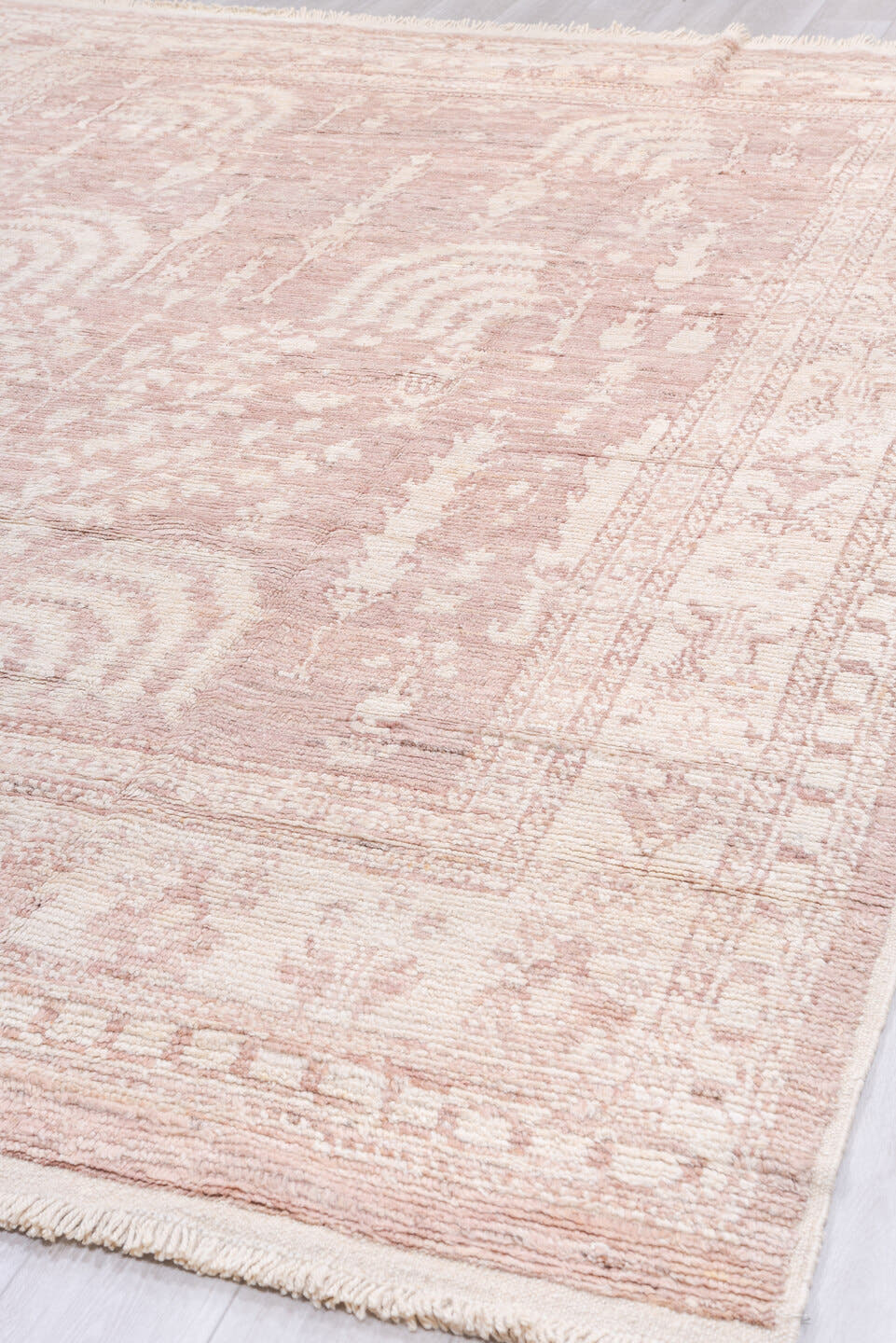 9' x 12' one-of-a-kind handmade vintage Tulu large size rug. Color palette: blush, ivory, cream, rose, peach, pink, red