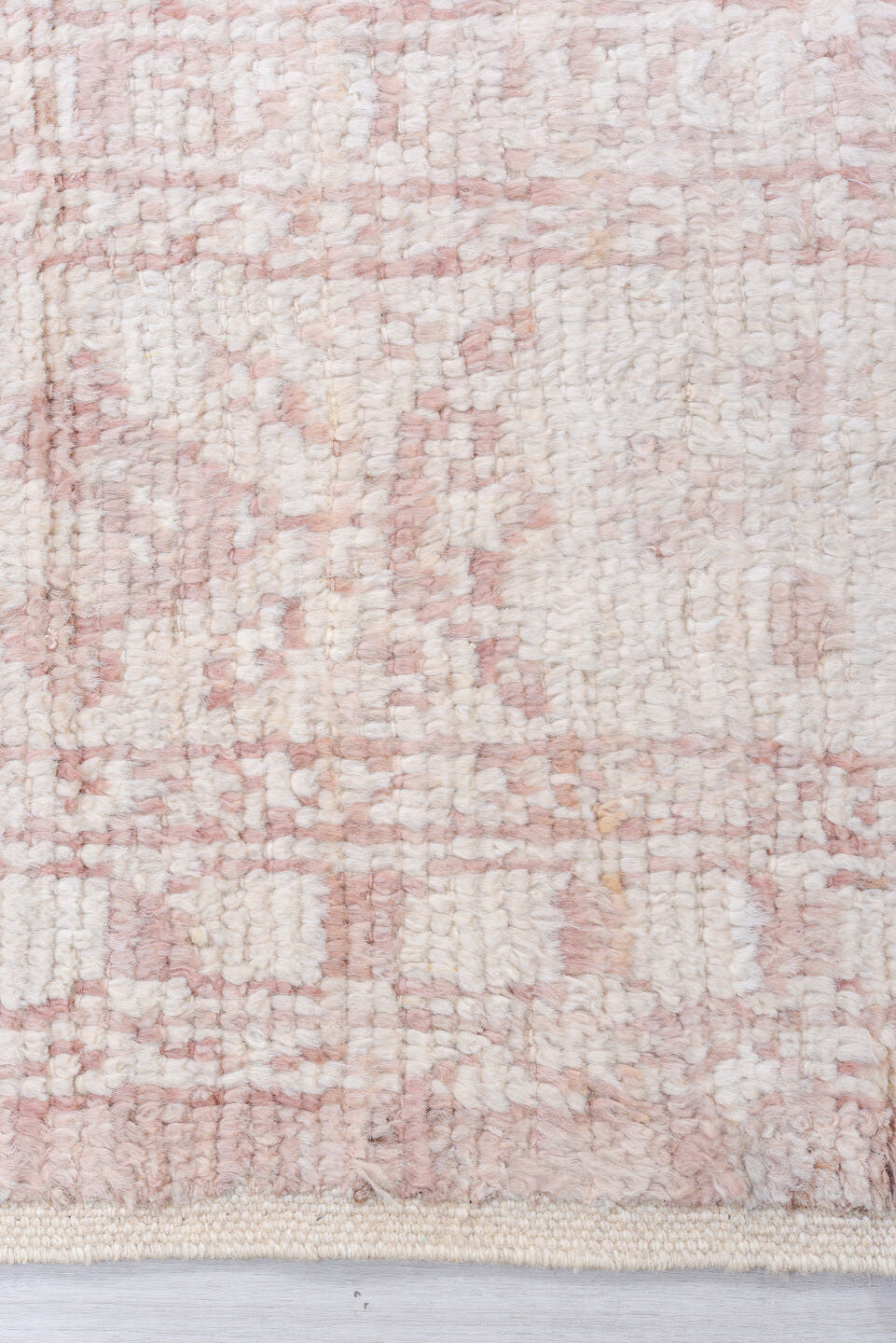 9' x 12' one-of-a-kind handmade vintage Tulu large size rug. Color palette: blush, ivory, cream, rose, peach, pink, red