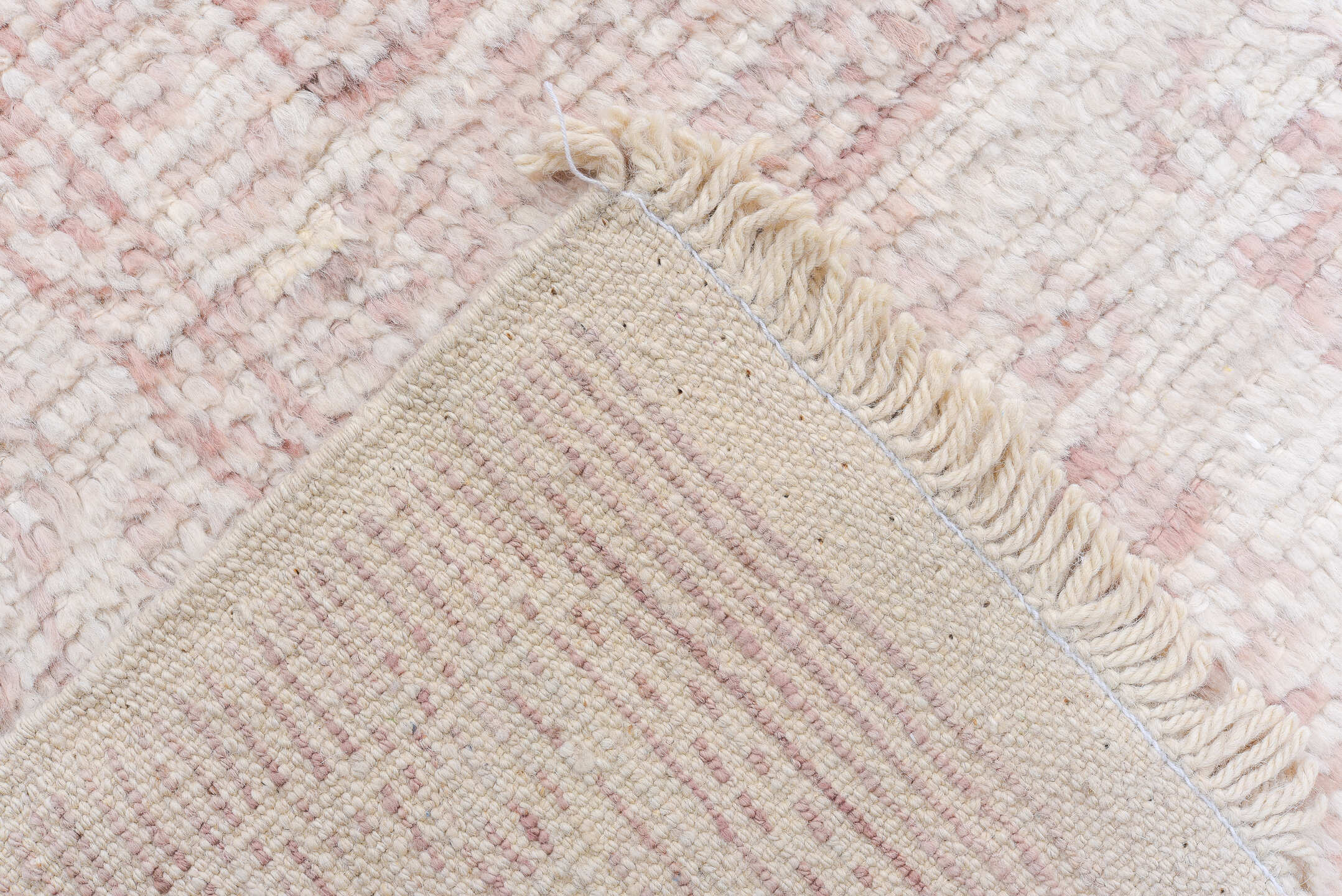 9' x 12' one-of-a-kind handmade vintage Tulu large size rug. Color palette: blush, ivory, cream, rose, peach, pink, red