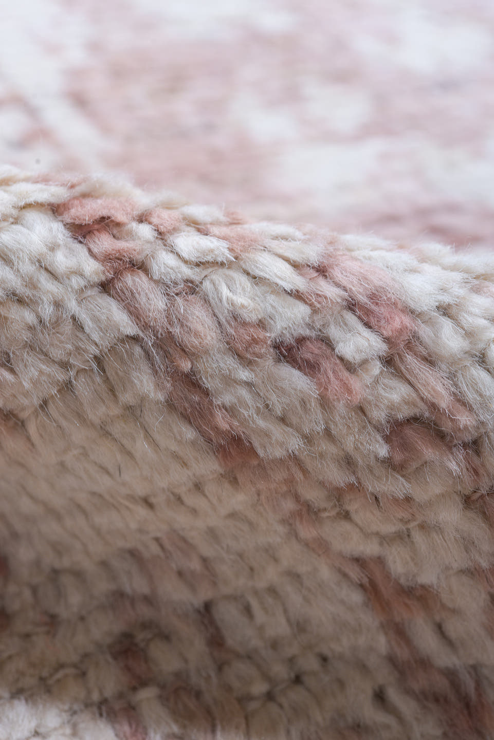 9' x 12' one-of-a-kind handmade vintage Tulu large size rug. Color palette: blush, ivory, cream, rose, peach, pink, red