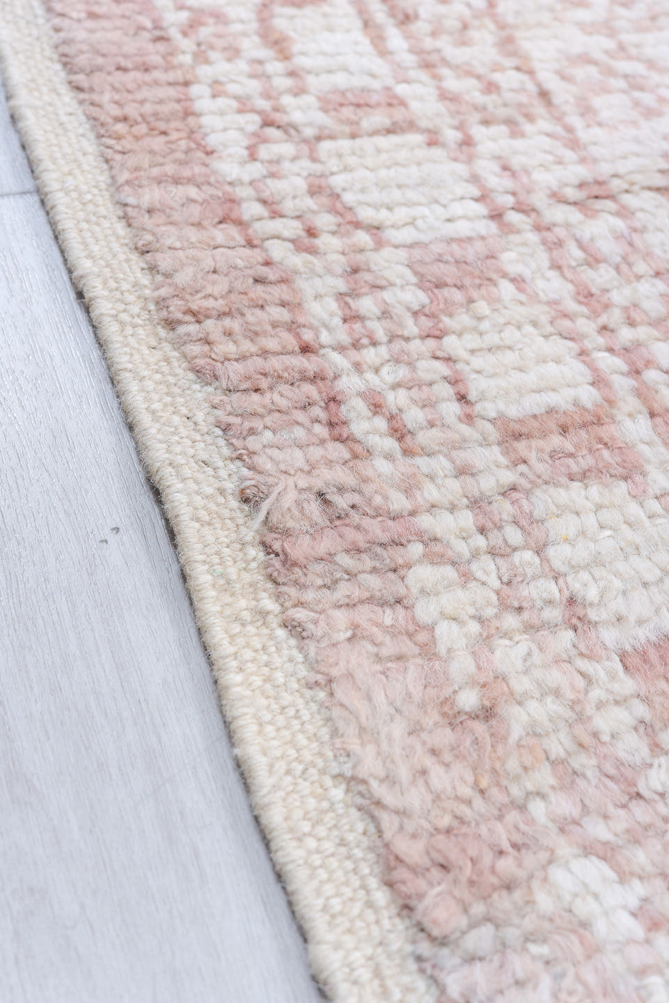 9' x 12' one-of-a-kind handmade vintage Tulu large size rug. Color palette: blush, ivory, cream, rose, peach, pink, red