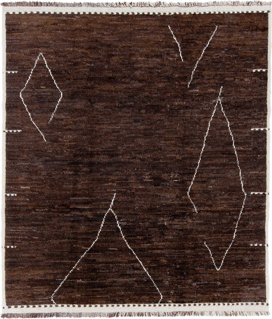 8' x 9' one-of-a-kind handmade vintage Tulu rug. Color palette: brown, ivory, espresso, taupe, black, beige, gray