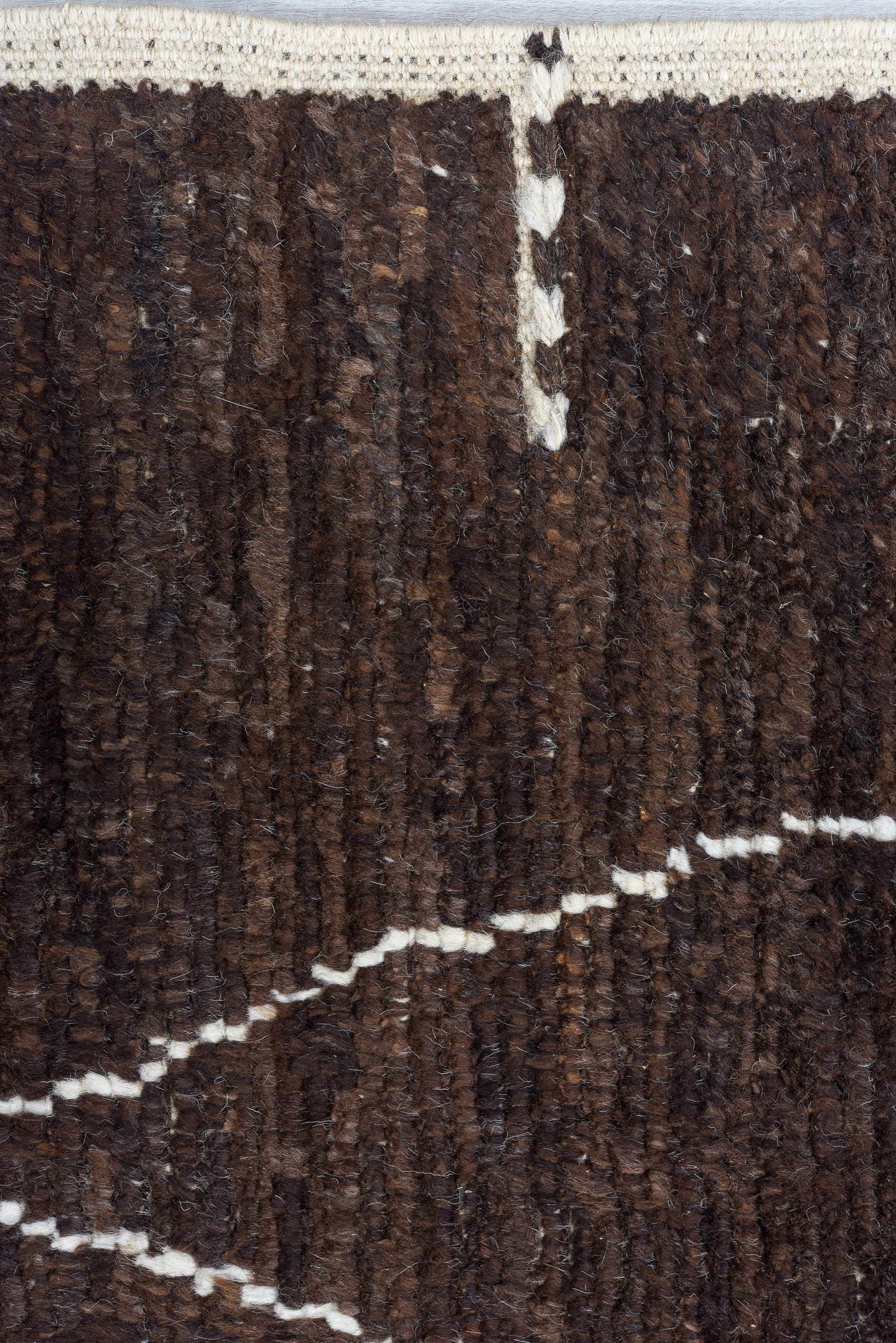8' x 9' one-of-a-kind handmade vintage Tulu rug. Color palette: brown, ivory, espresso, taupe, black, beige, gray