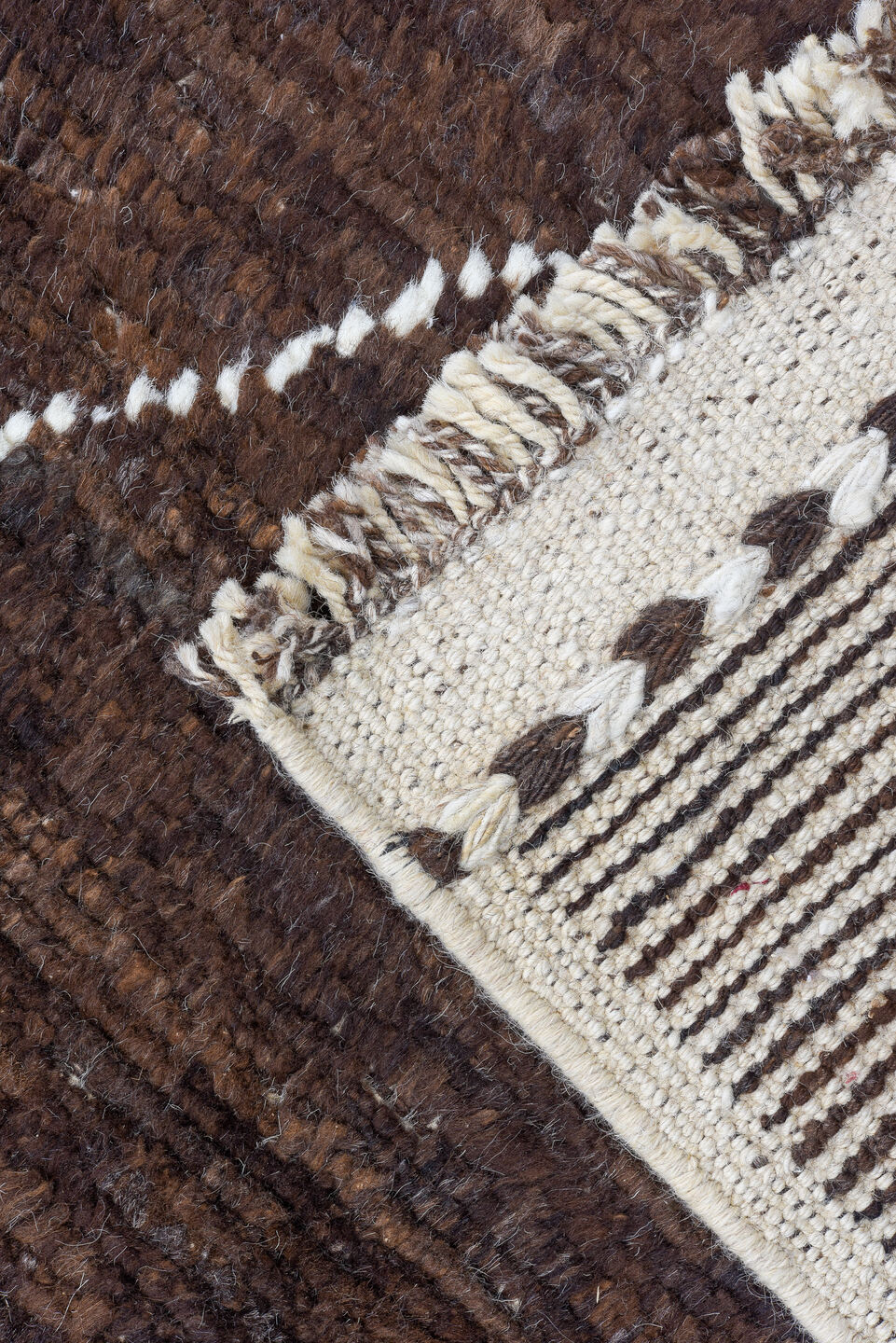 8' x 9' one-of-a-kind handmade vintage Tulu rug. Color palette: black, blue, brown, gray, light gray, off-white