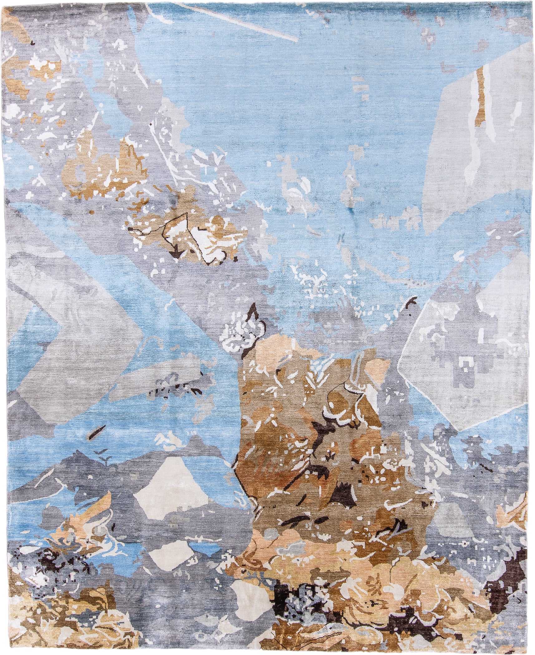 8' x 9' one-of-a-kind handmade handmade Contemporary rug. Color palette: sky blue, silver, gray, ivory, gold, taupe