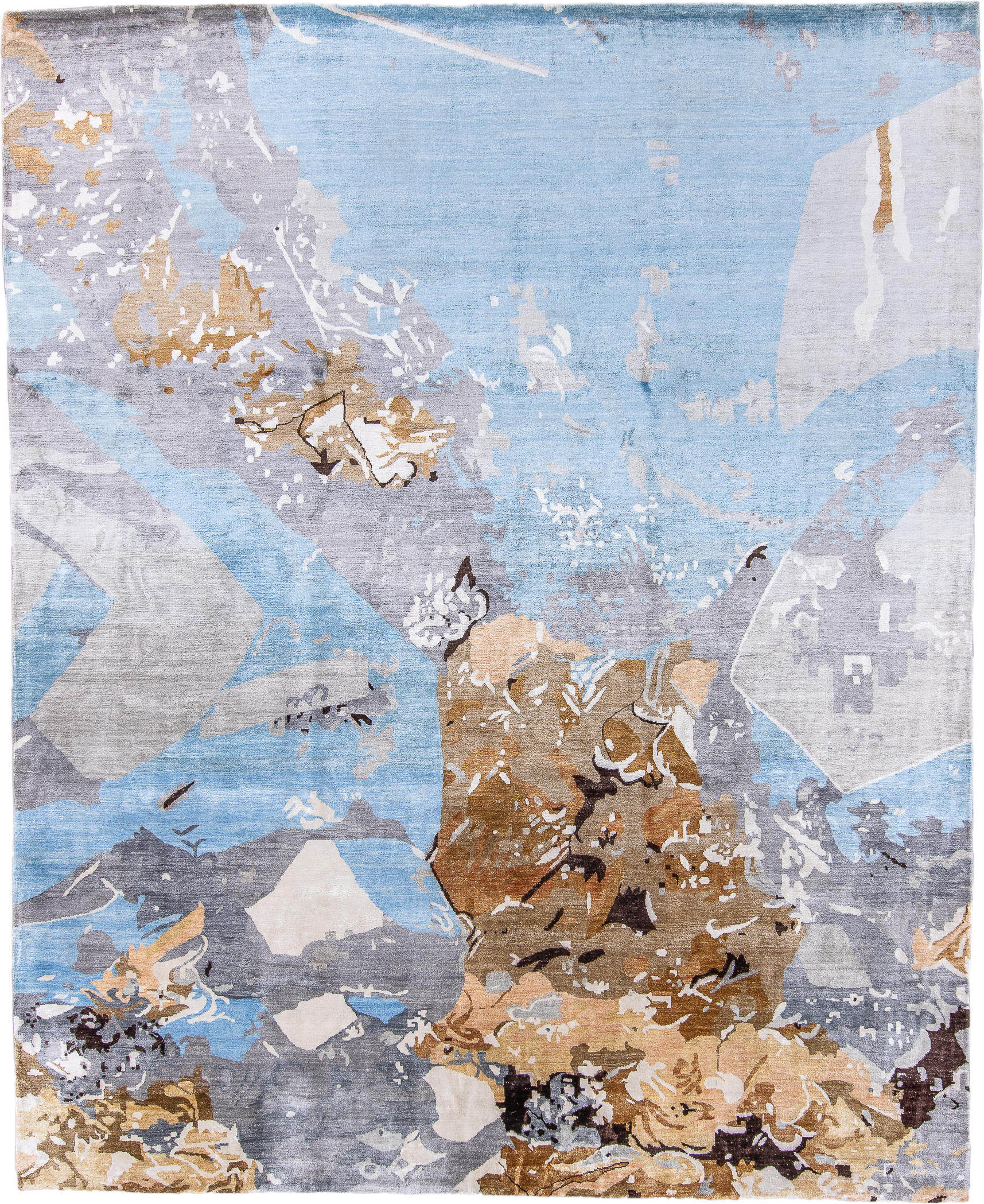 8' x 9' one-of-a-kind handmade handmade Contemporary rug. Color palette: sky blue, silver, gray, ivory, gold, taupe