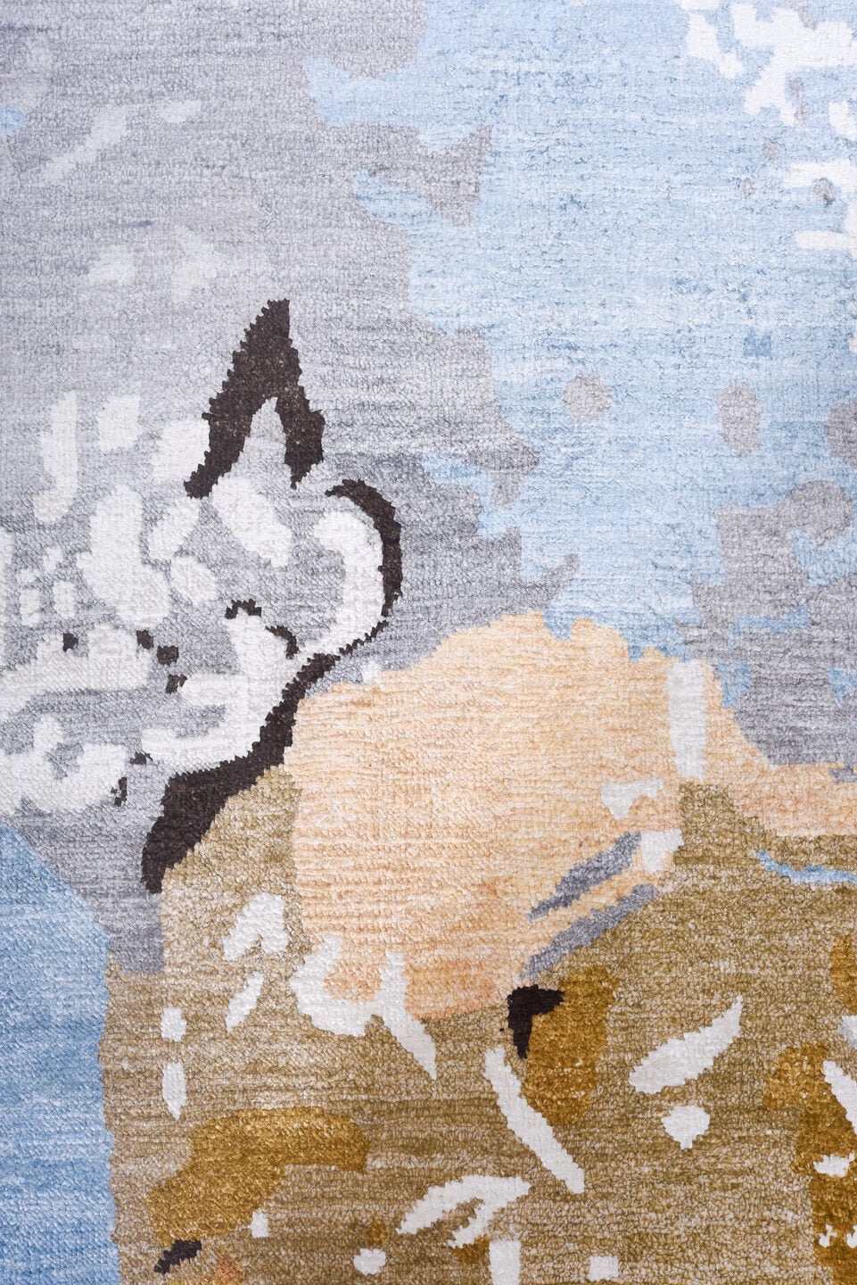 8' x 9' one-of-a-kind handmade handmade Contemporary rug. Color palette: sky blue, silver, gray, ivory, gold, taupe
