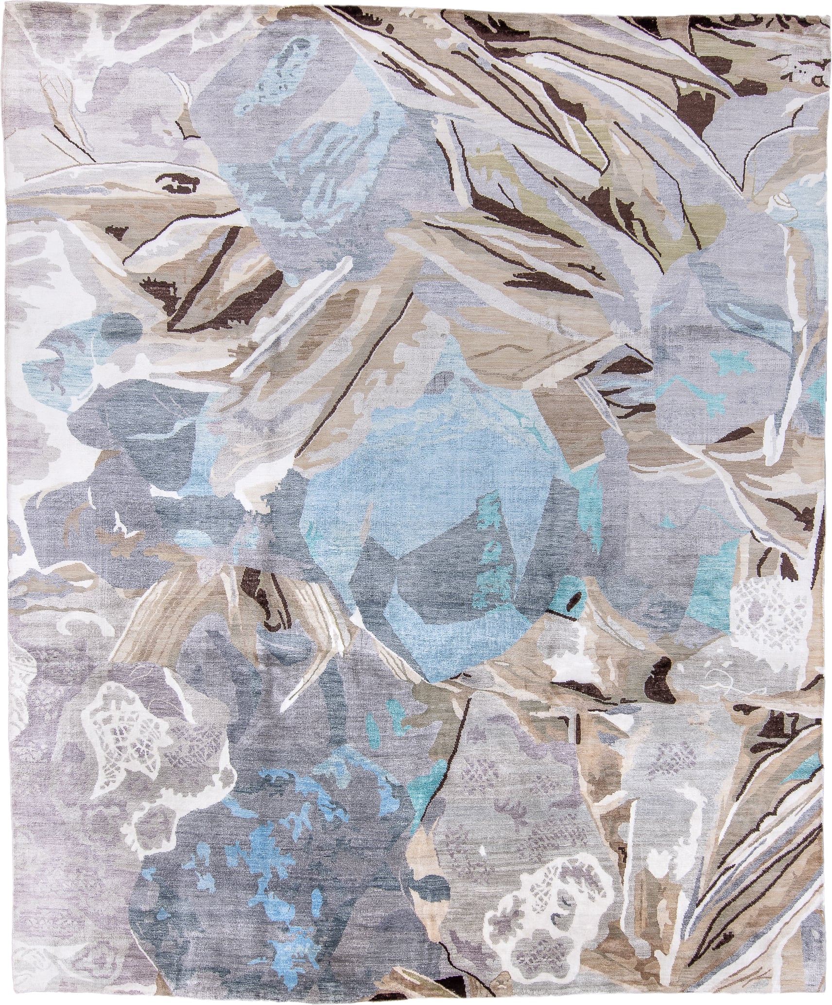 8' x 9' one-of-a-kind handmade handmade Contemporary rug. Color palette: gray, taupe, ivory, sky blue, beige, charcoal, aqua