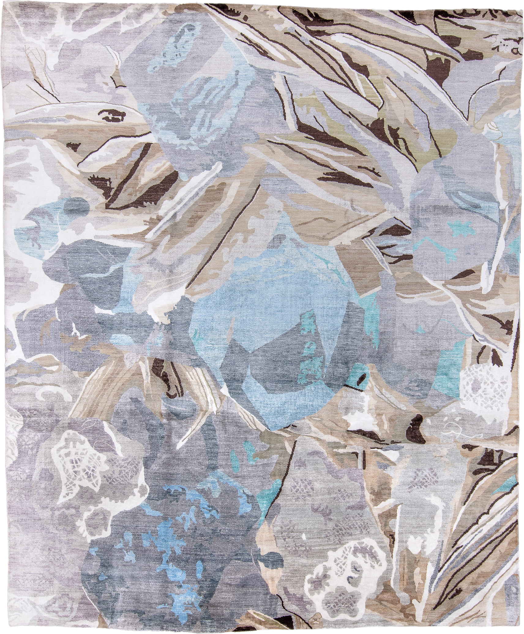 8' x 9' one-of-a-kind handmade handmade Contemporary rug. Color palette: gray, taupe, ivory, sky blue, beige, charcoal, aqua