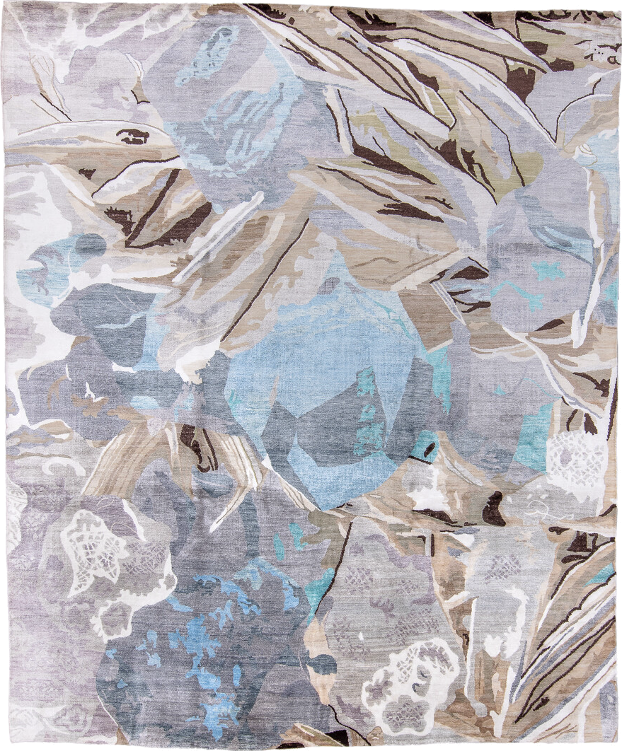 8' x 9' one-of-a-kind handmade vintage Contemporary rug. Color palette: black, blue, brown, gainsboro, gray, light blue