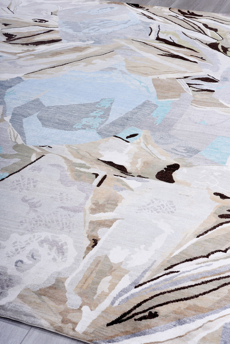 8' x 9' one-of-a-kind handmade handmade Contemporary rug. Color palette: gray, taupe, ivory, sky blue, beige, charcoal, aqua