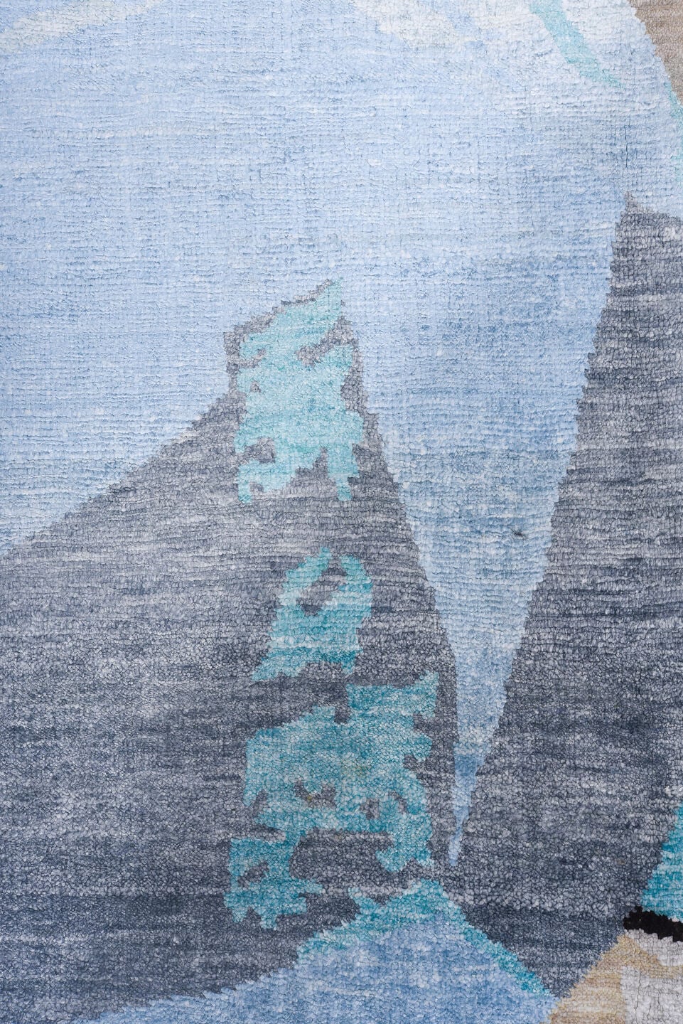 8' x 9' one-of-a-kind handmade handmade Contemporary rug. Color palette: gray, taupe, ivory, sky blue, beige, charcoal, aqua