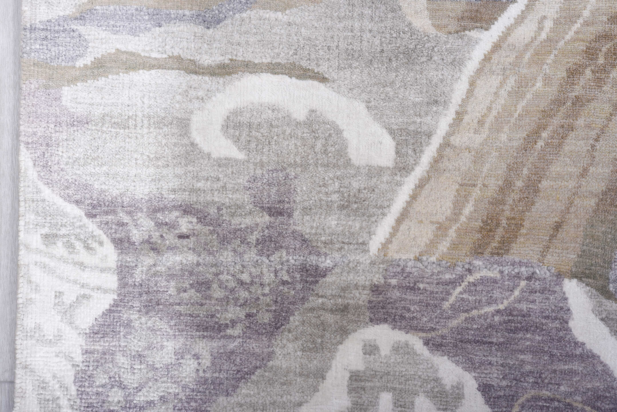 8' x 9' one-of-a-kind handmade handmade Contemporary rug. Color palette: gray, taupe, ivory, sky blue, beige, charcoal, aqua