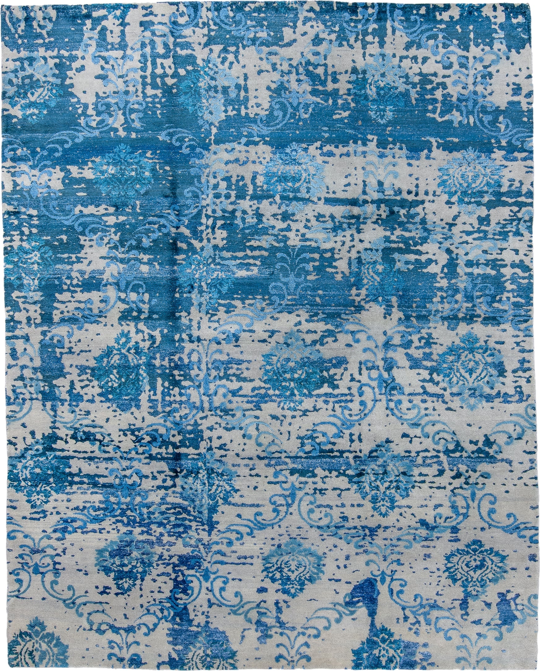 8' x 10' one-of-a-kind handmade handmade Contemporary large size rug. Color palette: ivory, azure, sky blue, cobalt, slate