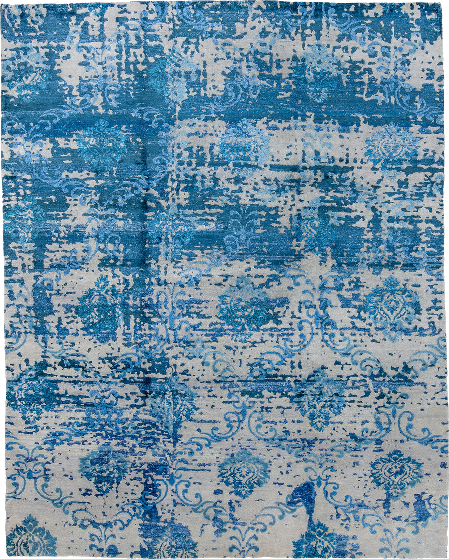 8' x 10' one-of-a-kind handmade vintage Contemporary large size rug. Color palette: arapawa, blue, dim gray, gainsboro, gray