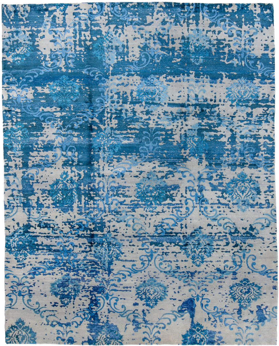 8' x 10' one-of-a-kind handmade handmade Contemporary large size rug. Color palette: ivory, azure, sky blue, cobalt, slate